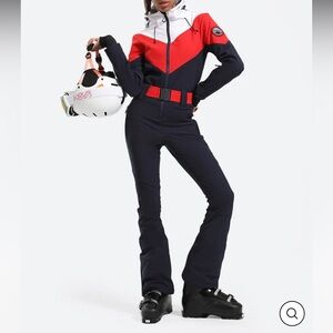 Gsou Snow Women's Navy & Red All-in-One Belted Waterproof One-Piece Ski Suit NWT